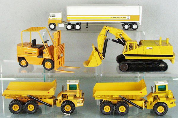 5 CATERPILLAR VEHICLES: die cast, Winross Tractor Trailer, Joal Forklift, NZG Shovel & 2 Dump Trucks, C6-8.