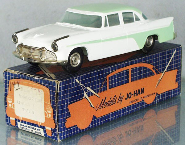 JO-HAN 1956 DESOTO FIREFLITE PROMO: white & green, friction working, no interior, minor body warp, orig box minor wear, C8-9.