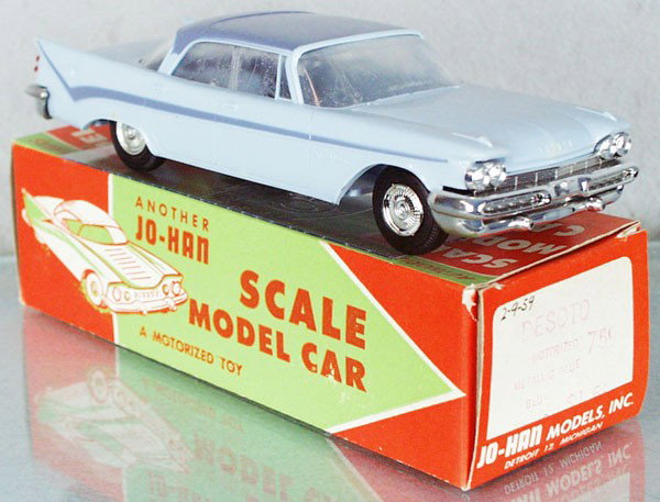 JO-HAN 1959 DESOTO FIREFLITE PROMO: 2-tone blue, friction working, no interior, minor body warp, windows glazing, orig box minor wear, cellophane intact, C7-8.