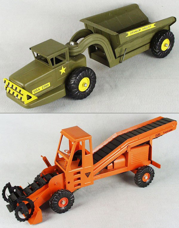 2 NYLINT VEHICLES: painted pressed steel, 2700 Uranium Hauler, 23" long, 1800 Adam's Travel Loader, both amateur restorations, C8.
