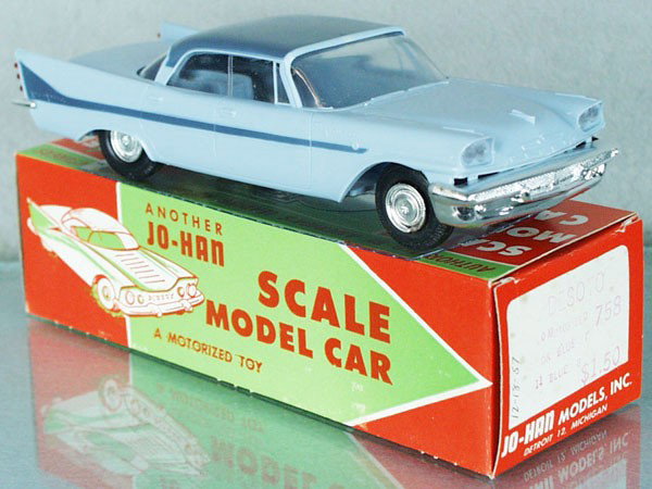 JO-HAN 1958 DESOTO FIREFLITE PROMO: 2-tone blue, friction working, no interior, body warped, orig box minor wear, cellophane intact, C8.