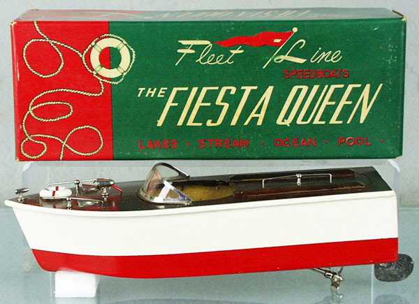 K&O FLEET LINE 600 FIESTA QUEEN BOAT: wood, inboard, dark wood deck, battery operated, not tested, 9 1/2" long, orig box & insert minor wear, C8.