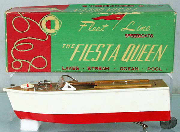 K&O FLEET LINE 600 FIESTA QUEEN BOAT: wood, inboard, light wood deck, battery operated, not tested, 9 1/2" long, orig box & insert minor wear, C8-9.