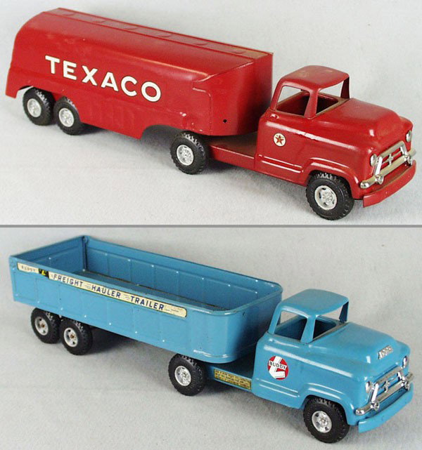 2 BUDDY L TRUCKS: painted pressed steel, 550 GMC Texaco Truck, 24" long, amateur restoration, 5663 Freight Hauler, 23" long, cab restored, C5-7.
