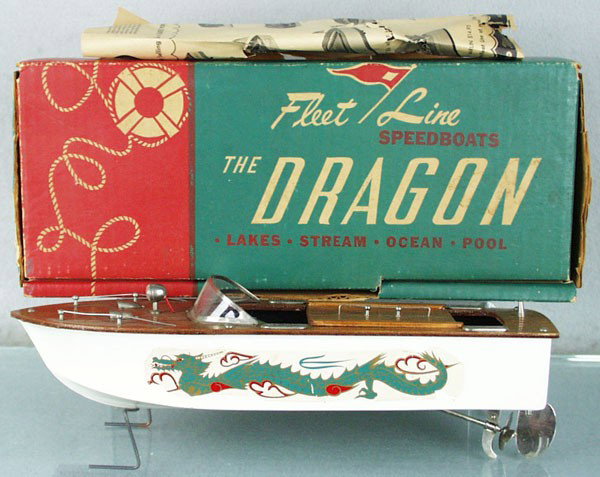 K&O FLEET LINE 201 DRAGON SPEED BOAT: wood, inboard, battery operated, not tested, 12 1/2" long, w/instruction sheet, orig box & insert, C7-8.