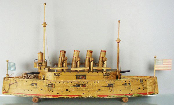 BLISS BATTLESHIP: litho paper & wood, some repro parts including lifeboats, flags, air intakes, wheelhouse & mast, 36" long, paper worn, C5.