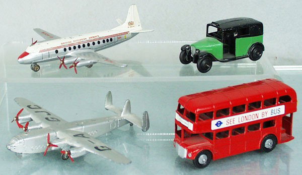 DINKY & LONE STAR VEHICLES: Dinky 704 Avro York, 708 Vickers Viscount, 36G Taxi, C4, Lone Star London Double Decker Bus, C9.