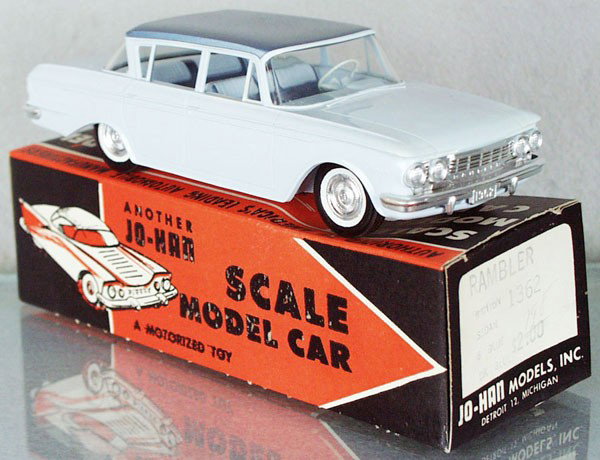 JO-HAN 1962 RAMBLER PROMO: 2-tone blue, friction working, w/interior, minor body warp, orig box minor wear, cellophane intact, C8.