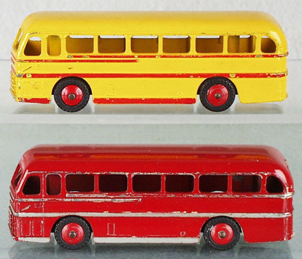 2 DINKY 282 DUPLE ROADMASTER BUSES: 1 yellow, 1 red, C5.