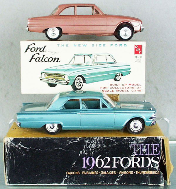 2 FORD PROMOS: 1962 Ford Fairlane 500, metallic blue, w/interior, orig box worn, AMT 1960 Ford Falcon, copper, w/interior, minor body warp, orig box minor wear, C7-8.