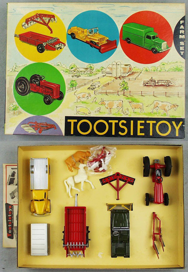 TOOTSIETOY 6800 FARM SET: contains Mack w/tin cover, Jeep w/Plow, Ford Tractor w/Spreader, Culvert, Disc Harrow, w/plastic animals & people, w/advertising sheet, orig box & insert, C9.