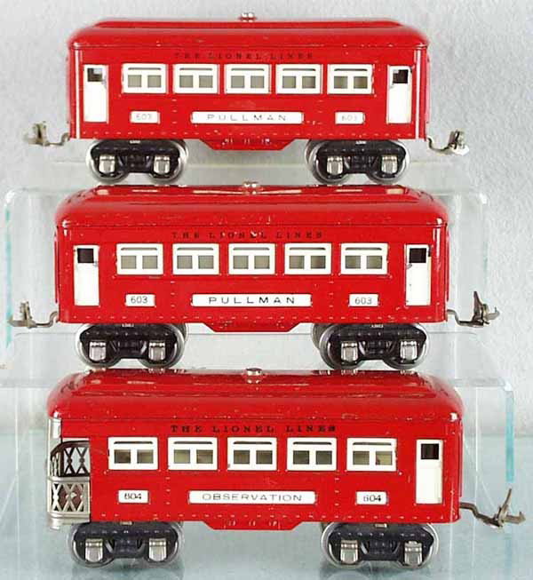 3 LIONEL PASSENGER CARS: O ga, 2 #603 Pullmans, 604 obsv, red & ivory w/nickel trim, C6.