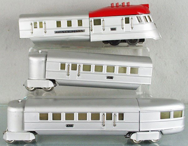 LIONEL FLYING YANKEE TRAIN SET: O ga, 616 power car, 617 Pullman, 618 obsv, restored in red & aluminum, C8.