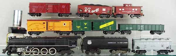 AMERICAN FLYER 5-5358-W TRAIN SET: S ga, 336 UP loco & tender, w/choo choo, smoke & whistle, 924 cement car, 947 NP box car, 922 box car, 931 gondola, 929 stock car, 921 hopper, 930 caboose, w/chime whistle, orig boxes, engine wrap & s