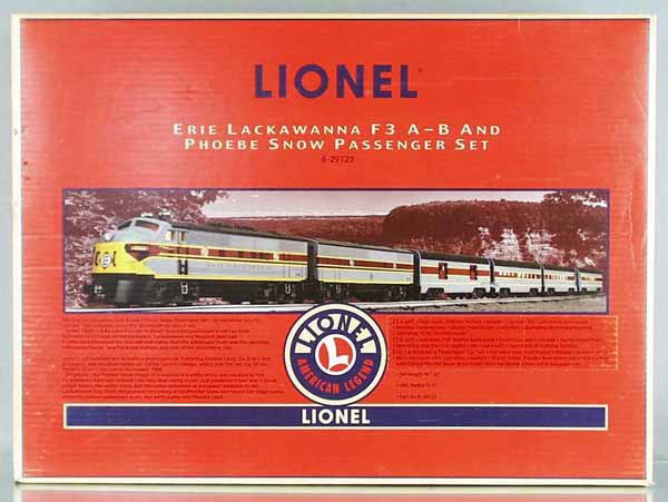 LIONEL 29122 ERIE LACKAWANNA TRAIN SET: O ga, 18195 & 18196 Erie Lackawanna F3 diesels, w/29124 diner, 29123 baggage, 29125 coach, 29126 obsv, unrun, orig boxes & inserts, w/set box, C9-10.