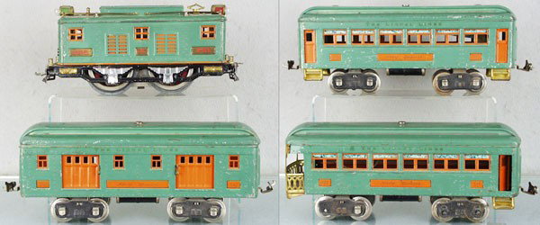LIONEL MACY'S SPECIAL TRAIN SET: std ga, 8E loco, 2 couplers broken, 1 die cast wheel fatiguing, 332 baggage, 339 Pullman, 341 obsv, peacock & orange, all cars marked "Macy's Special", the obsv has Macy's drumhead tag, C5.