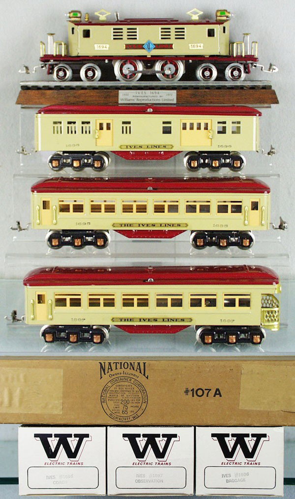 WILLIAMS & IVES TRAIN SET: O ga, 1694 loco w/motor, 1696 baggage, 1695 Pullman, 1697 obsv, w/loco display board, orig boxes, C8-9.