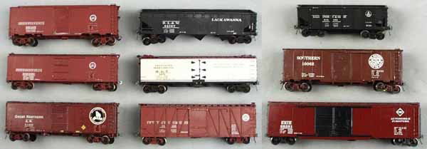 9 SCALE O FREIGHT CARS: O ga, wood & metal, made from kits, wear from use & age, mostly complete, may be some trim, C6-7.