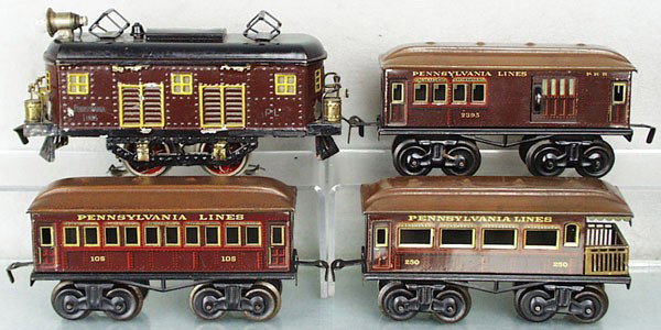 BING TRAIN SET: O ga, PRR loco, touched up, roof restored, 2395 baggage, 105 Pullman, 250 obsv, C4-5.