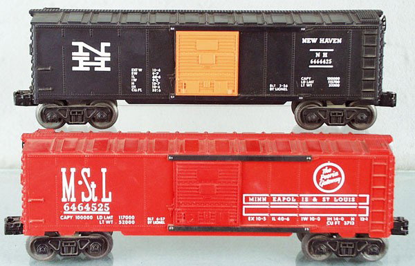 2 LIONEL 6464 BOX CARS: O ga, 6464-425 New Haven, 3rd version, 6464-525 M&StL, 3rd version, C7-8.