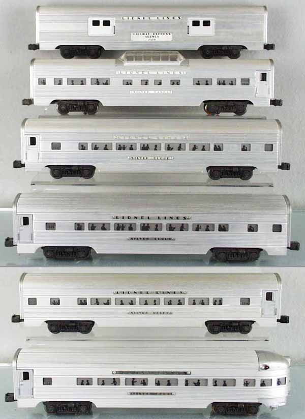 6 LIONEL SPEEDLINER CARS: O ga, 2530 baggage, 2532 vista dome, 2 #2533 Pullmans, 2534 Pullman, 2531 obsv, cars have hex head screws on plates, C5-6.