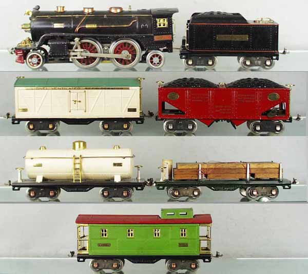 LIONEL 363 TRAIN SET: std ga, 390E loco, frame warped, 390T tender, 511 lumber, 514R reefer, 515 tank, 516 hopper, 517 caboose, orig boxes & set box, top worn & flaps split, C7-8.