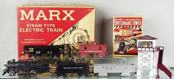 MARX 4040 TRAIN SET: O ga, 400 loco, SP tender, 3 freight cars w/2920 Switchman's Tower, orig boxes, C9.
