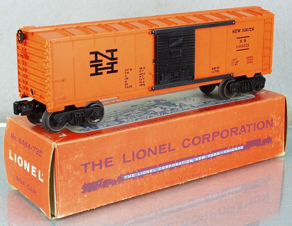 LIONEL 6464-725 NEW HAVEN BOX CAR: O ga, dark orange version, orig box minor wear, C8.