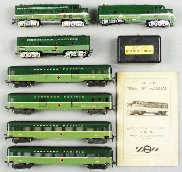 FLEISCHMANN & PENN LINE NP TRAIN SET: HO ga, 2-rail, power A, dummy A, B unit, 4 passenger cars w/"PL" stickers, horn control, manual, C5.