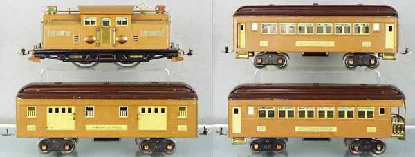 LIONEL 342E TRAIN SET: std ga, state brown, 318 loco, rewheeled, small bend on roof edge, 310 baggage, 1 coupler broken, 309 Pullman, 312 obsv, orig boxes minor wear, set box worn, top flaps split, C6-7.