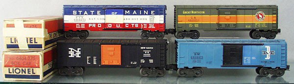 4 LIONEL 6464 BOX CARS: O ga, 6464-275 State of Maine, some scratches, 6464-450 Great Northern, decals chipped, 6464-425 New Haven, 6464-475 B&M, w/2 worn orig boxes only, C5-6.