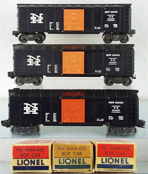3 LIONEL 6464-425 NEW HAVEN BOX CARS: O ga, 2 are 3rd versions, 1 is 4th version, orig boxes rough, C6-7.
