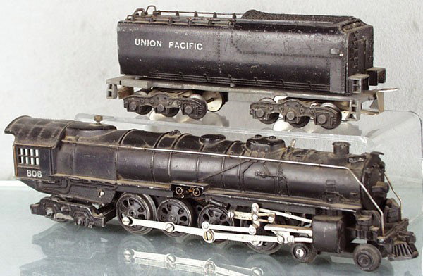 AMERICAN FLYER K568 UP LOCO & TENDER: O ga, kit version, 806 loco, large weight in cab, missing top bell & 1 number plate, 867 die cast tender, w/orig replacement frame not attached, missing some wire handrails, C5.