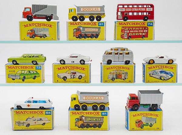 10 MATCHBOX VEHICLES: 7C1, 51C2, 74B4, 73C1, 41C5, 34C1, 41C2, 54B2, 51C3, 26C1, orig boxes minor wear, C8-9.