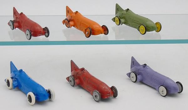 TOOTSIETOY BLUEBIRD RACERS: Speedway Racers, #4 in red, #8 in orange, #6 in green, #5 in purple, all are restored, 4666 Bluebird, blue, restored, 4666 Bluebird, red, orig, C5-9.