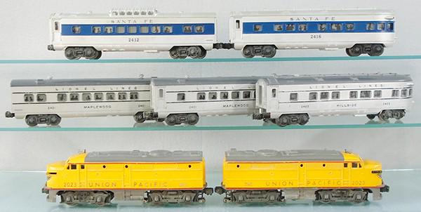 LIONEL TRAIN SET: O ga, 2023 diesel Alcos, power A has minor battery box wear, dummy A missing 1 number board, both have minor heat warp & decal wear, 2412 vista dome, touch up spots, 2416 obsv, 2 #2421 Maplewood Pullm