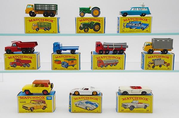 10 MATCHBOX VEHICLES: 4D2, 50B1, 42B2, 48C1, 60B1, no hut, 10D1, 37C4, 18E3, 41C2, 27D1, orig boxes minor wear, C8.