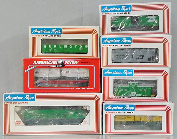 AMERICAN FLYER BURLINGTON NORTHERN SET: S ga, 48007 diesel loco w/cars 48491, 48474, 48605, 48304, 49300, 48706, orig boxes & inserts minor wear, C8-9.