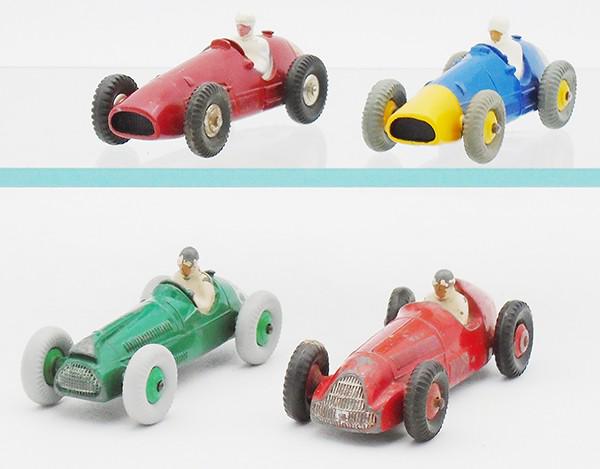 4 DINKY RACE CARS: 23J Ferrari, French, 234 Ferrari, 236 Cooper Bristol, 23F Alfa Romeo, C5-7.