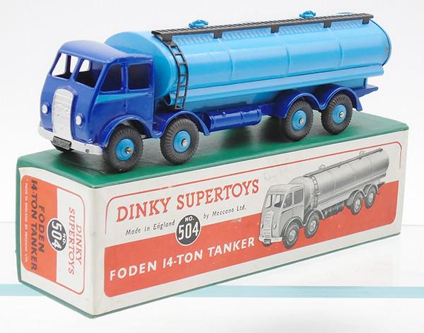 DINKY 504 FODEN TANK TRUCK: 2-tone blue, 3 oxidation spots on tank, orig box, C7.