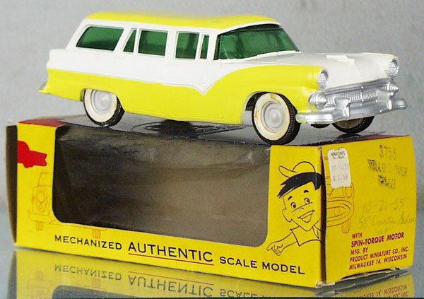 PMC 1955 FORD COUNTRY SEDAN PROMO: plastic, yellow & white, body warped, friction working, white walls stained, orig box minor wear, C8.