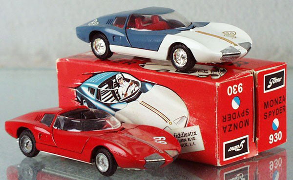 2 TEKNO 930 MONZA SPYDERS: blue & white coupe & red convertible, orig boxes minor wear, C9.