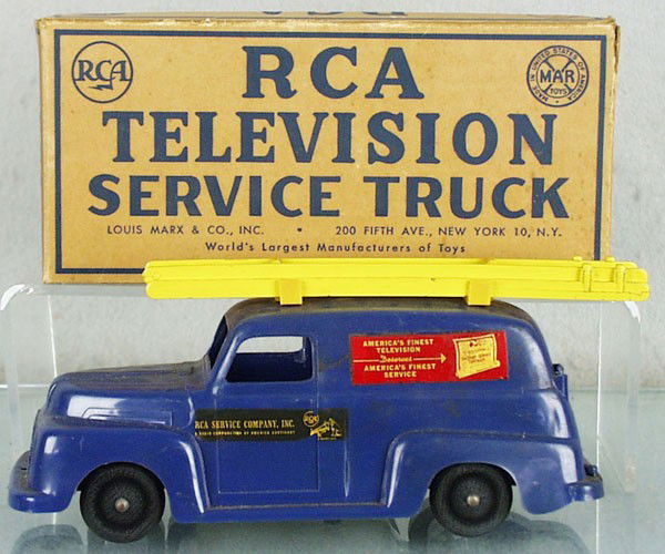 MARX RCA TELEVISION TRUCK: plastic, decals yellowed, 8 1/2" long, orig box minor wear, C6.
