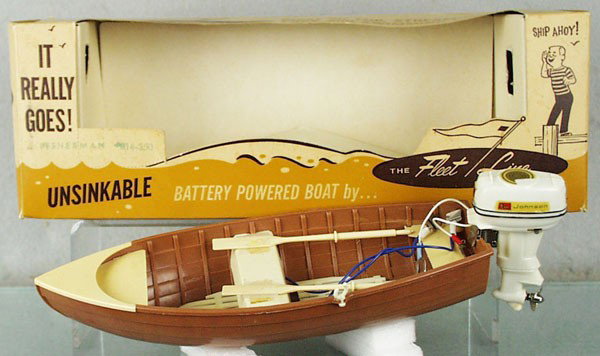 FLEETLINE K&O FISHERMAN BOAT: plastic, 9 1/2" long, missing oar lock, w/Johnson Outboard Motor, some decal wear, orig box & insert minor wear & missing cellophane window, C8.