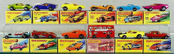 12 MATCHBOX SUPERFASTS: 60, fenders chipped, 64, 7, 44, 17, 14, 51, 39, 1, 10, 53, 9, orig boxes, C7-10.