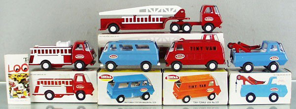 5 TINY TONKA VEHICLES: painted pressed steel, 675 Ladder Truck, 531 Van, 529 Station Wagon, 595 Pumper, 555 Wrecker, orig boxes minor wear, C9-10.