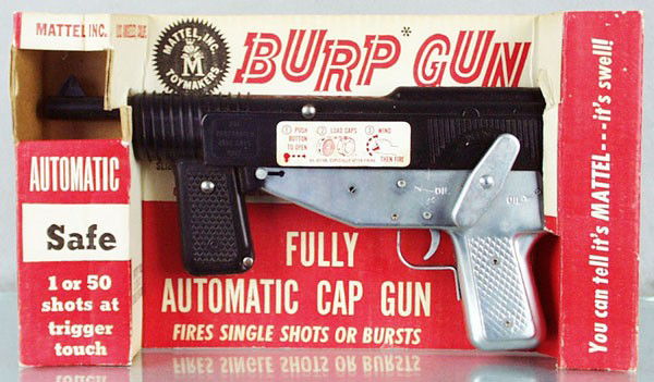 MATTEL 536-300 BURP CAP GUN: pressed steel & plastic, clockwork working, 13" long, orig box worn, C8.