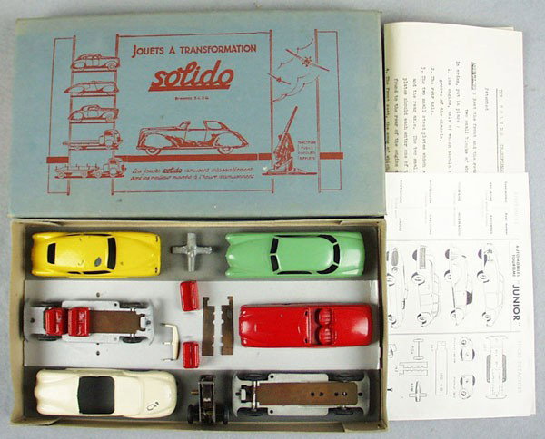 SOLIDO JUNIOR 6 SET: die cast, makes windup car & push car, w/yellow Chevrolet, some die cast pops, Studebaker, white Delahaye, some die cast pops & broken windshield, red Ferrari, missing plastic windshield, windup motor