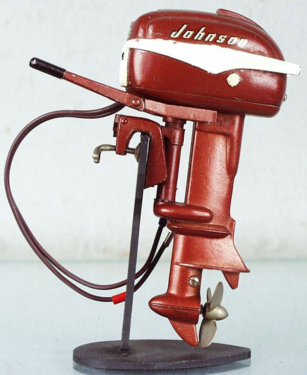 K&O JOHNSON SEA HORSE OUTBOARD MOTOR: die cast & tin, white trim repainted, missing 1 mounting cup, 5 1/2" tall, stand not included, C6.