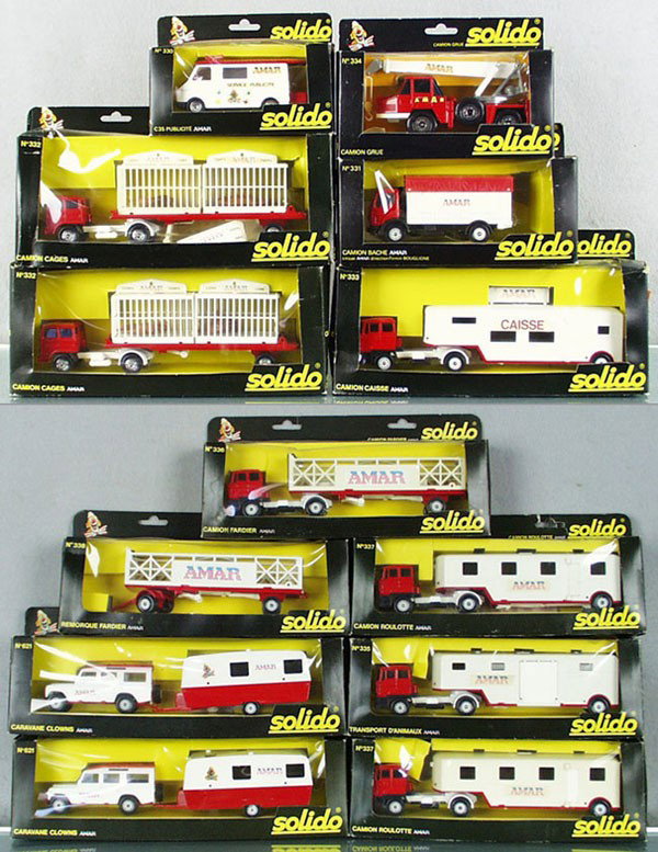 13 SOLIDO VEHICLES: 330, 334, 331, 2 #332, 333, 335, 336, 2 #337, 338, 2 #621, orig boxes, inserts & windows minor to some wear, C8-9.